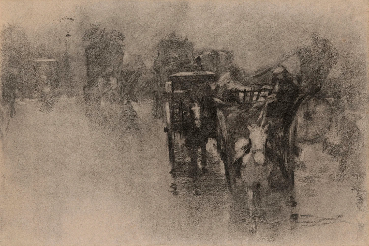 A vintage printable wall art featuring a rainy city scene sketch with horse-drawn carriages.