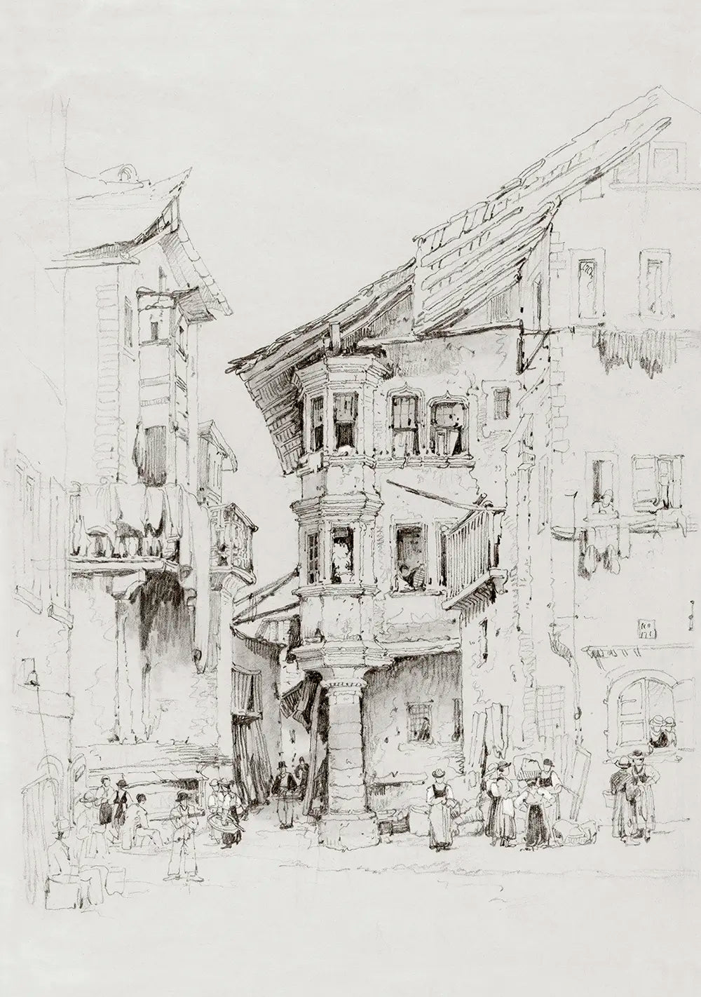 A cityscape pencil drawing of Sion town in Switzerland. 