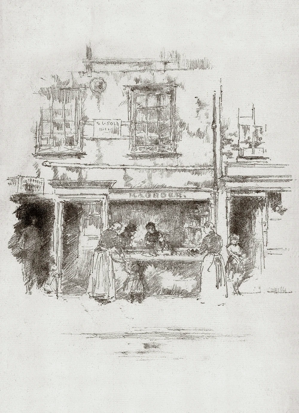 A cityscape pencil drawing of a crowded fish shop.