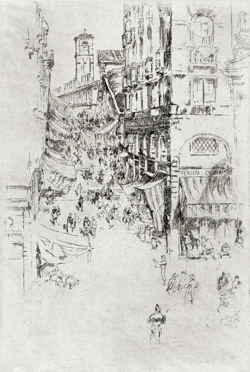 A cityscape pen and ink etching of a street view in front of the Rialto Bridge in Venice, Italy. 