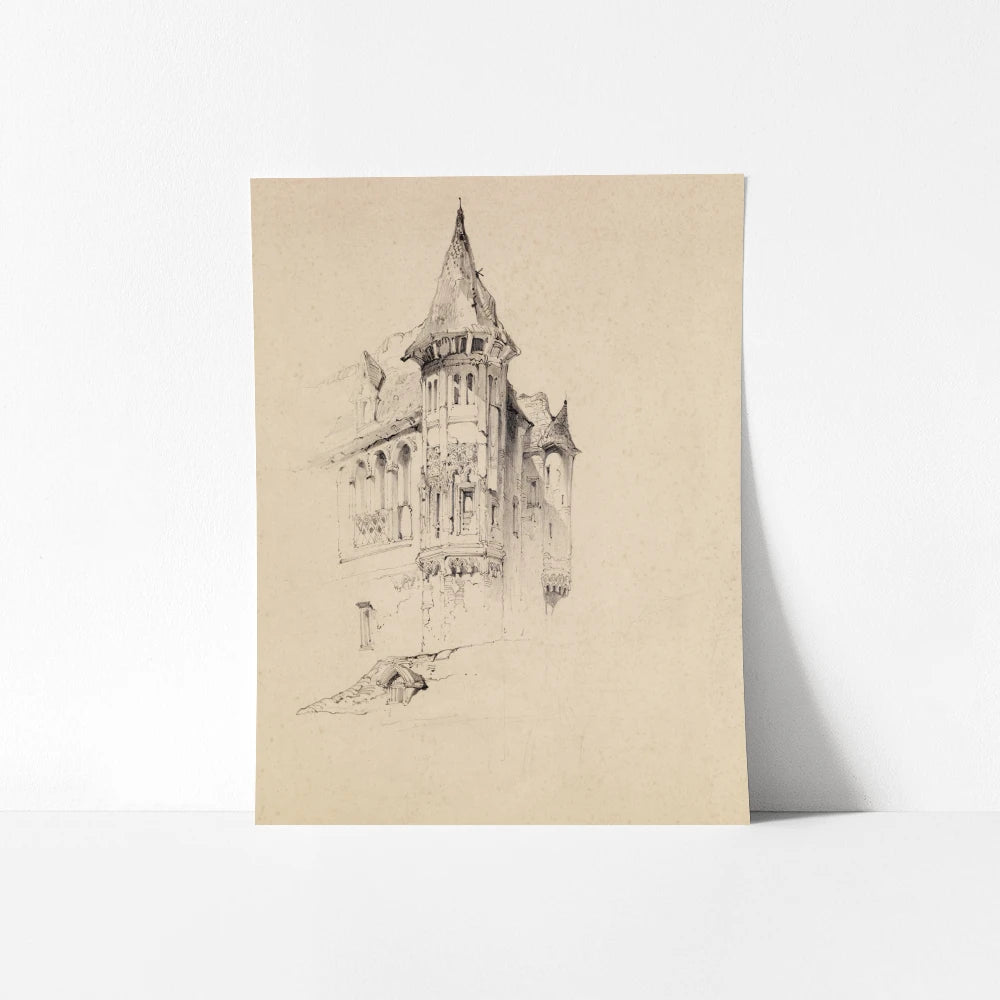 A vintage printable wall art featuring a medieval tower sketch.