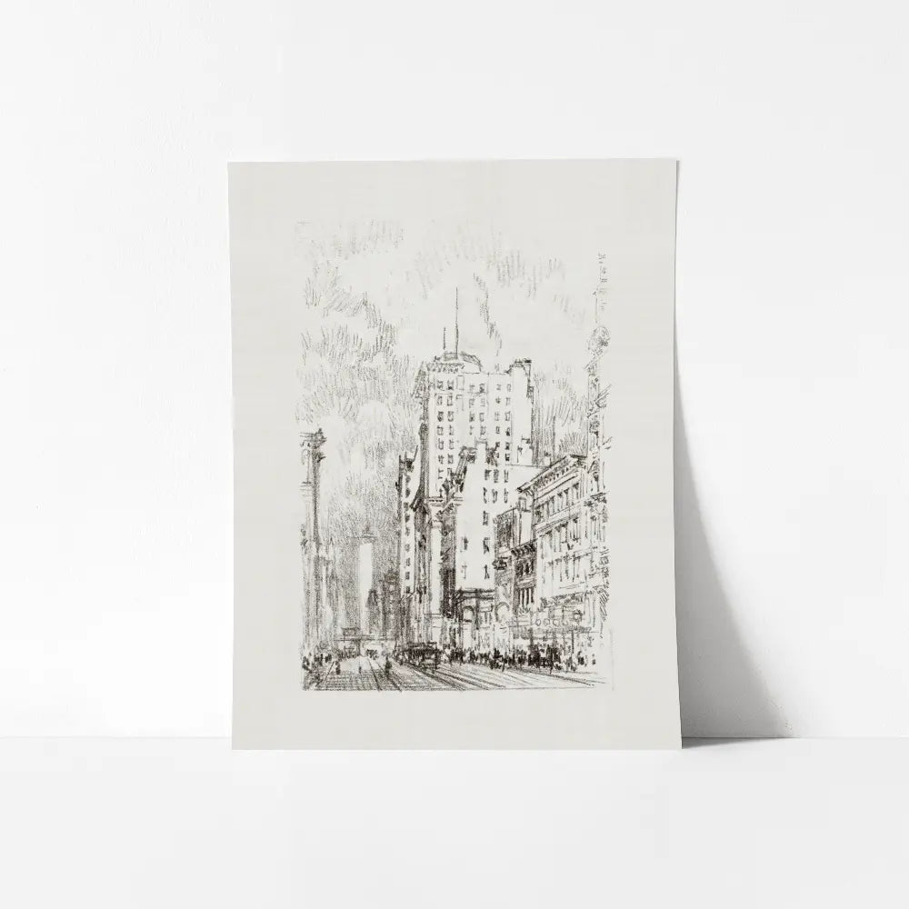 A mockup view of a cityscape crayon drawing of the bustling Broadway street. 