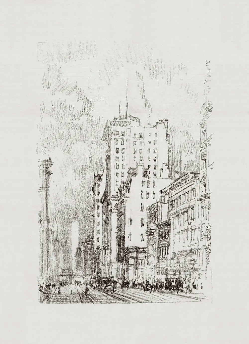 A cityscape crayon drawing of the bustling Broadway street. 