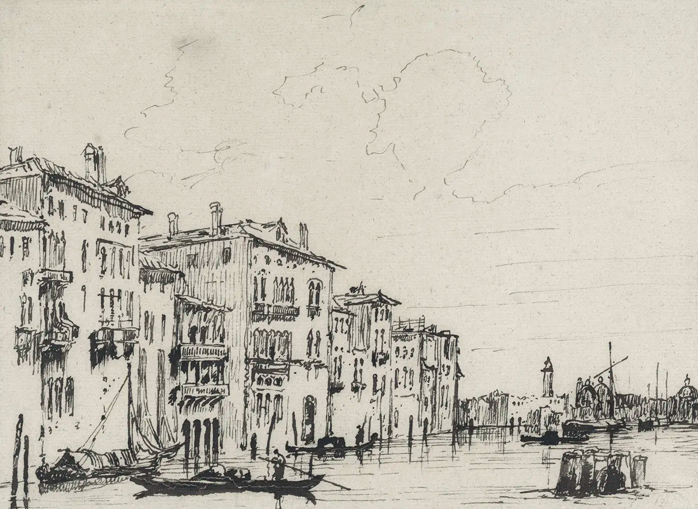 A cityscape sketch of a Venetian canal. 