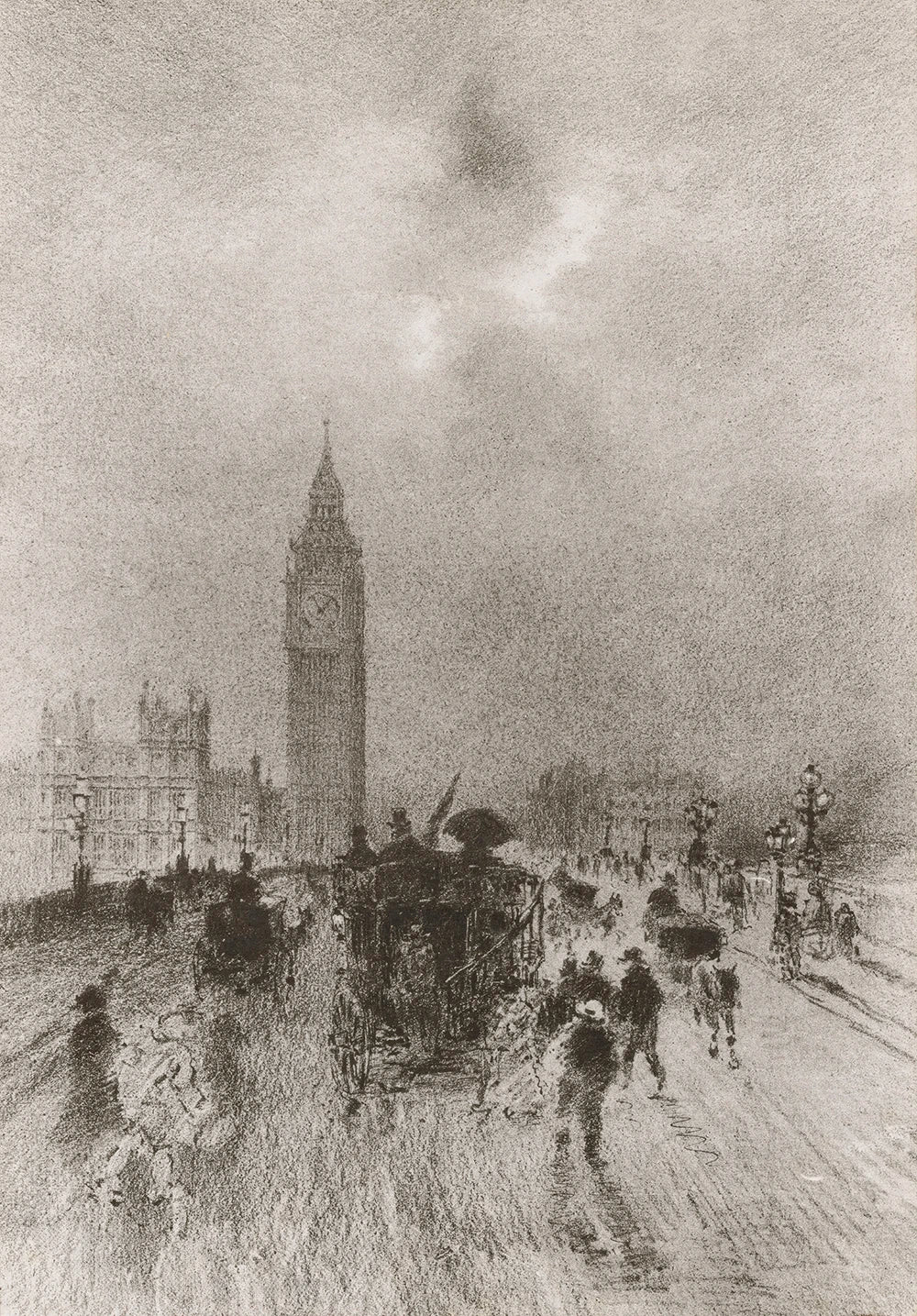 A vintage printable wall art featuring a misty scene of old London by the iconic clock tower.