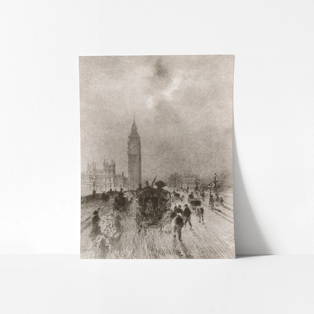 A vintage printable wall art featuring a misty scene of old London by the iconic clock tower.