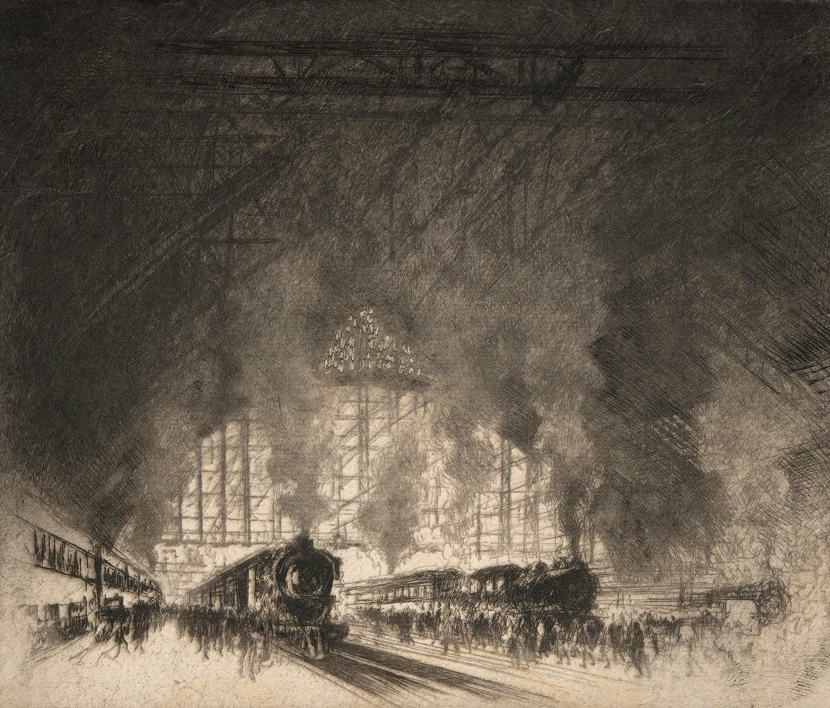 A vintage printable wall art featuring a dramatic scene of a bustling train station.