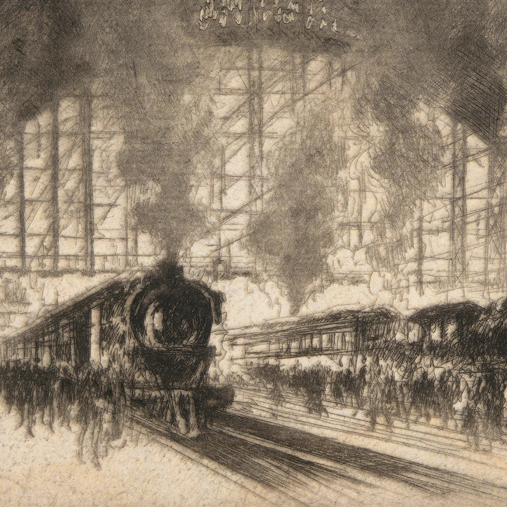 A vintage printable wall art featuring a dramatic scene of a bustling train station.