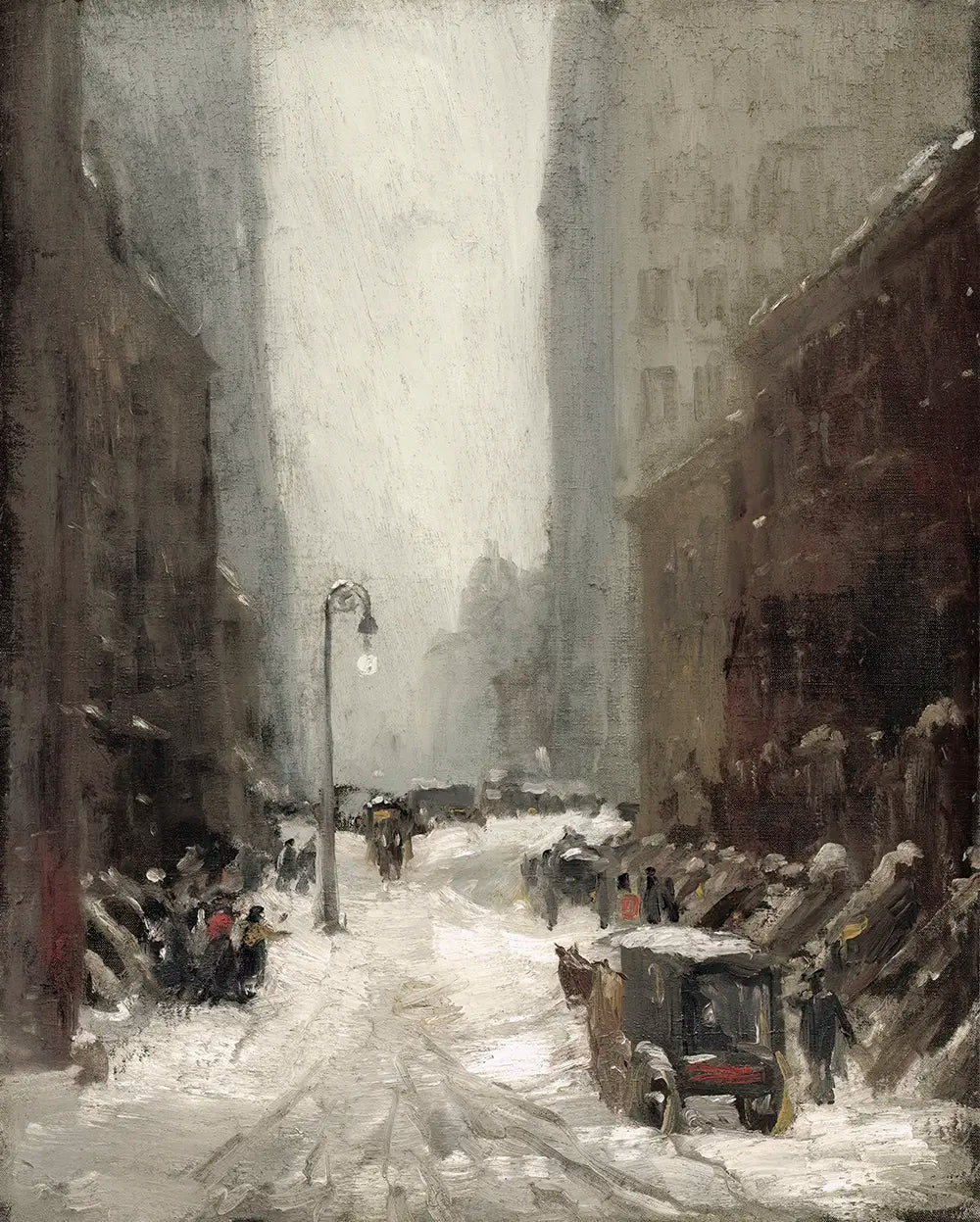 A cityscape oil painting of a snowy street view in New York City.