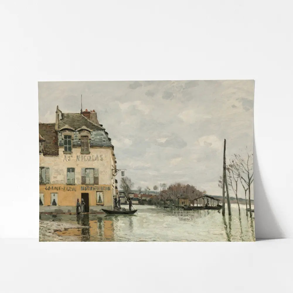 A mockup view of a cityscape oil painting of a tall city building in Port-Marly, situated on the edge of the Seine River in the suburbs of Paris, France.