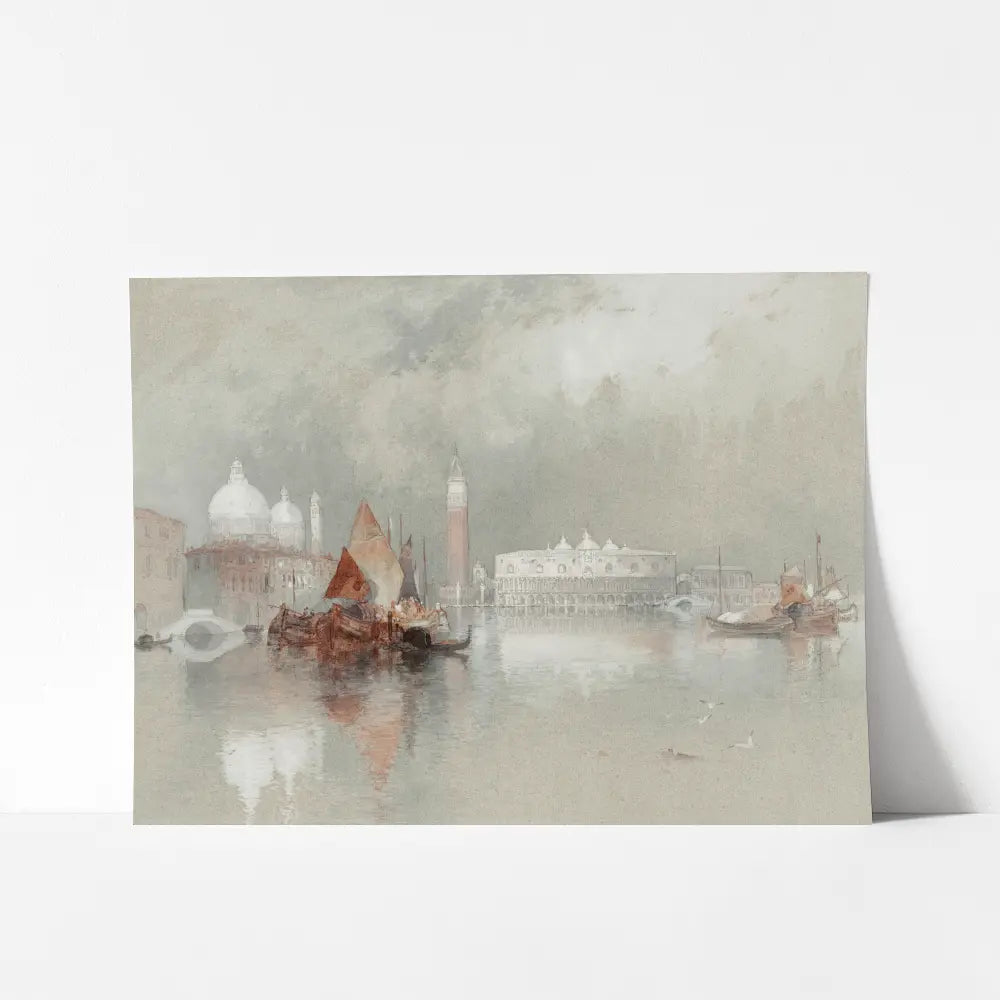 A mockup view of a cityscape watercolor painting of a view of Venice city from the lagoon. 