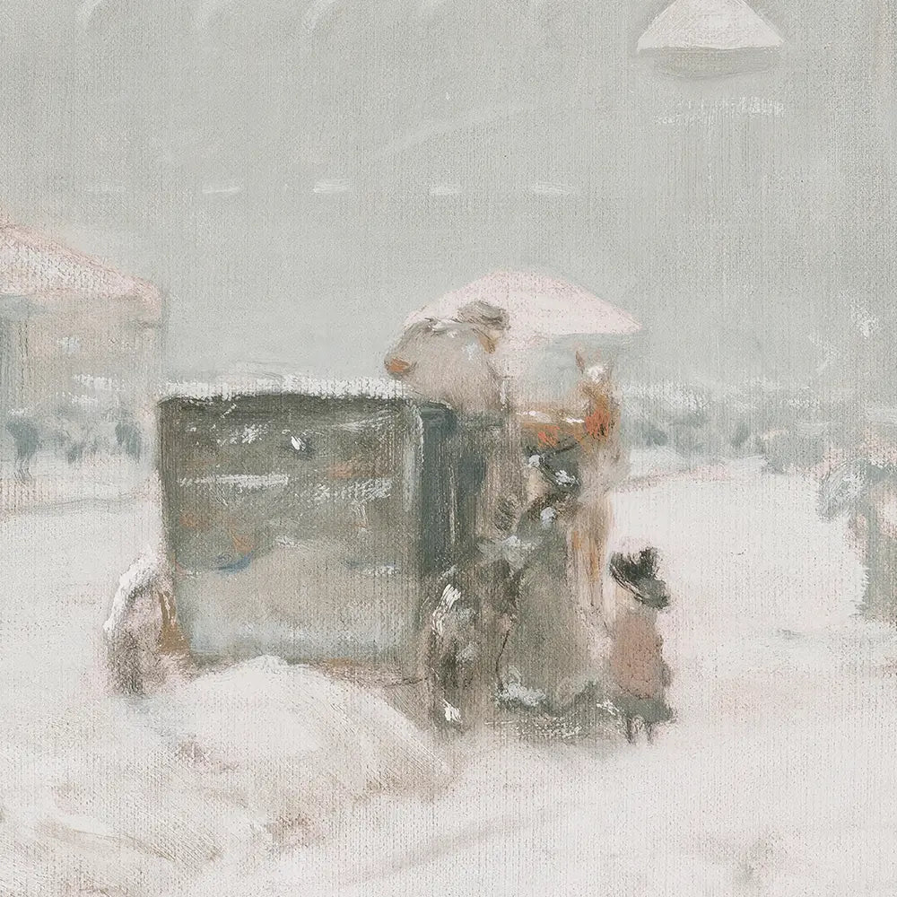 A closeup view of a vintage printable wall art featuring a serene winter morning on a snowy street.