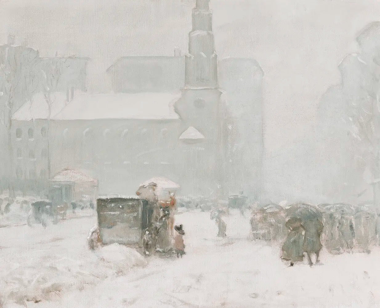 A vintage printable wall art featuring a serene winter morning on a snowy street.