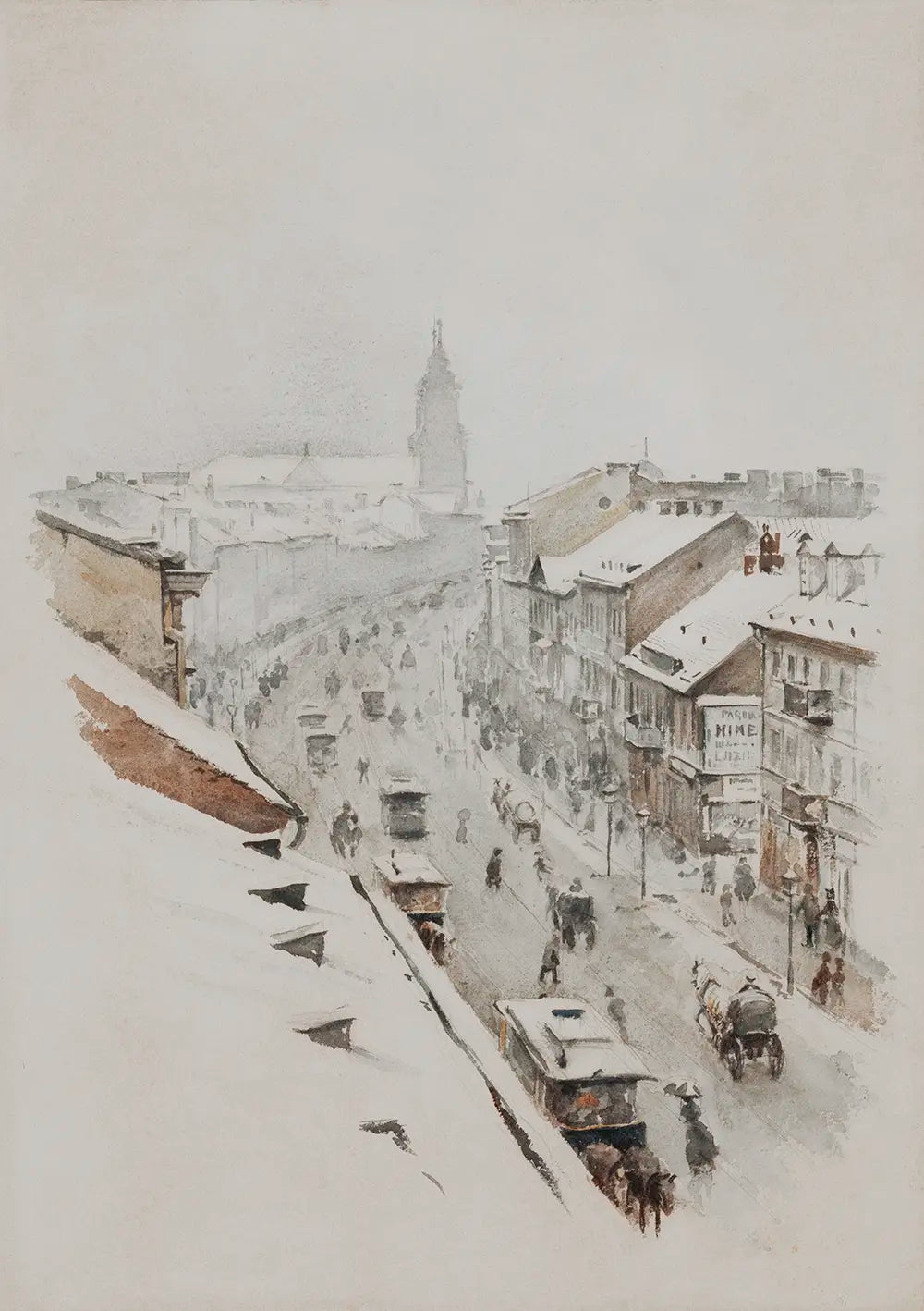 A vintage printable wall art featuring a snowy street watercolor painting.