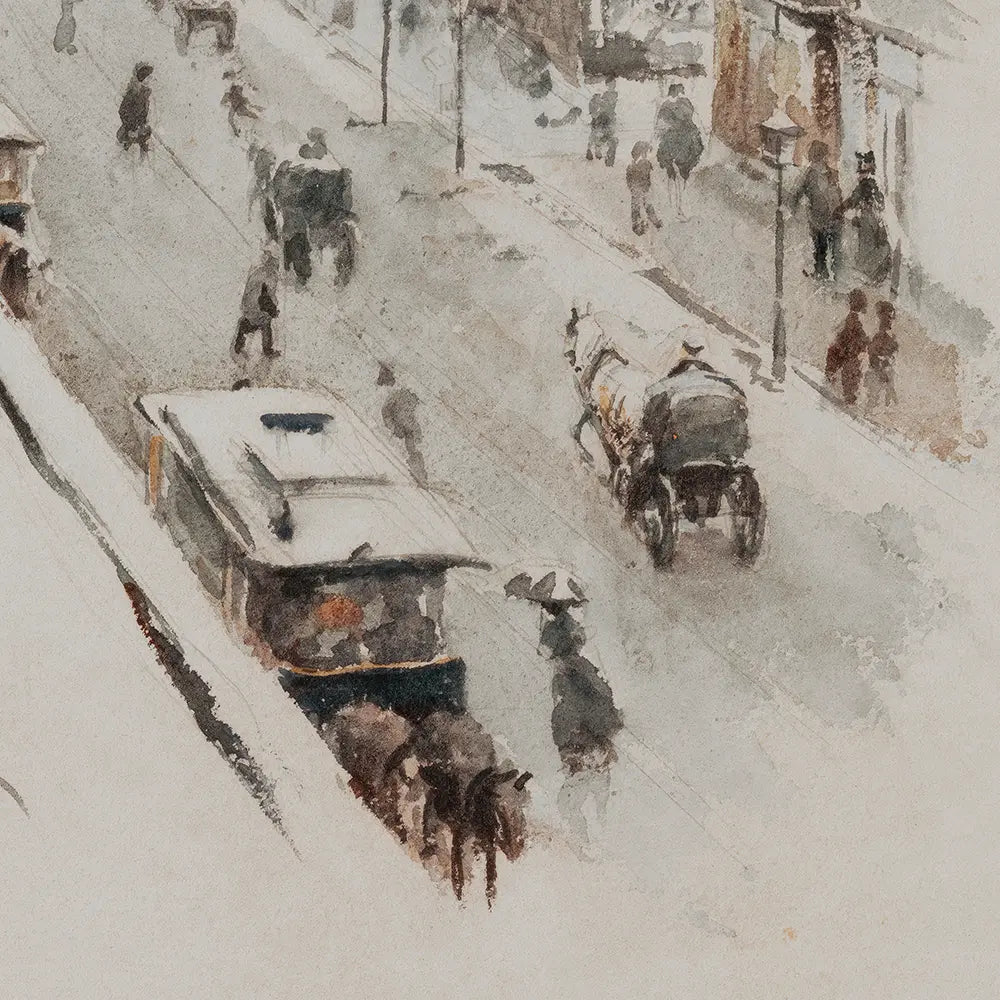 A vintage printable wall art featuring a snowy street watercolor painting.