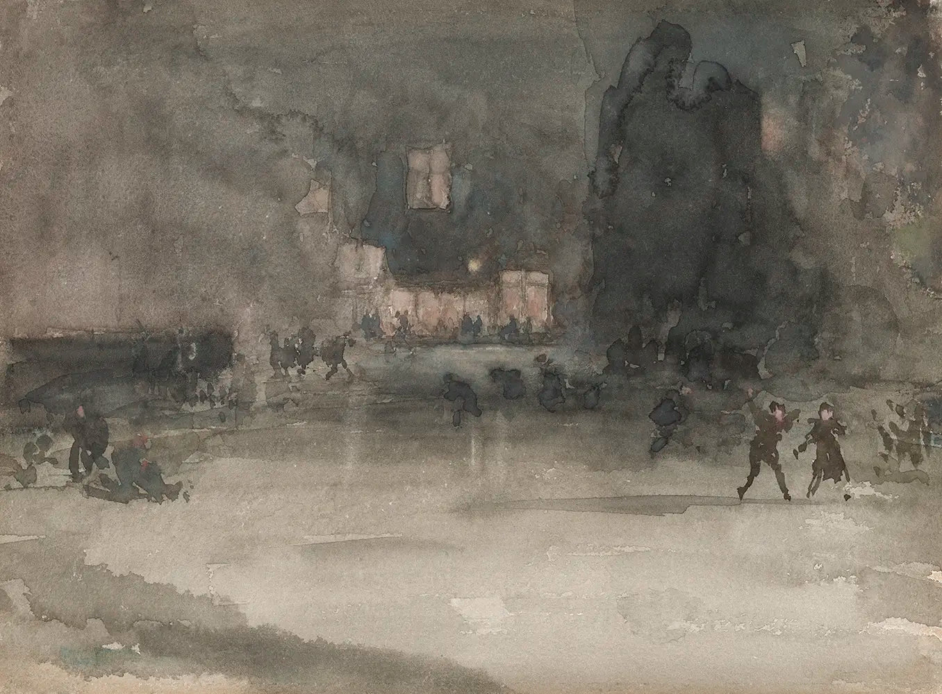 Vintage watercolor painting, beautifully capturing skaters on a frozen canal in winter.