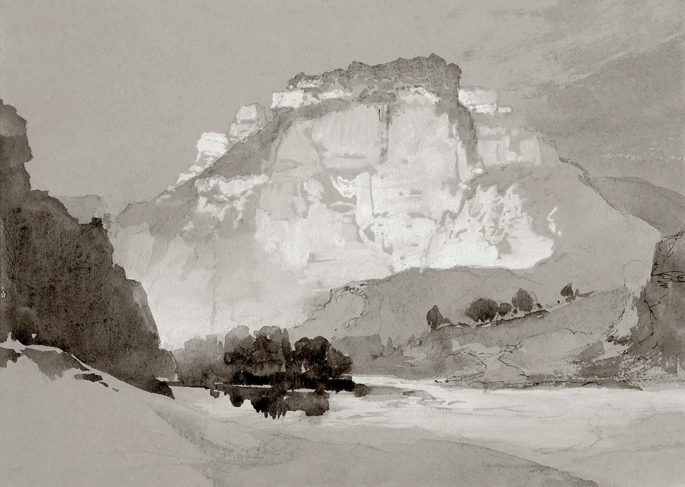 A landscape penk and ink wash study of a canyon.