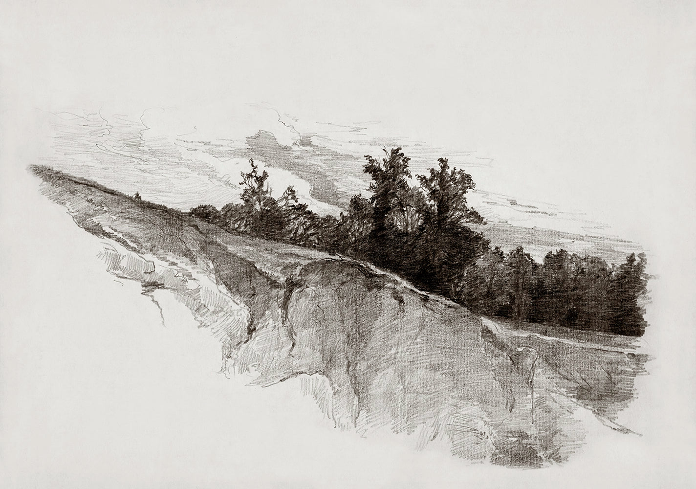 A landscape graphite drawing of a forest resting atop a rugged cliff. 