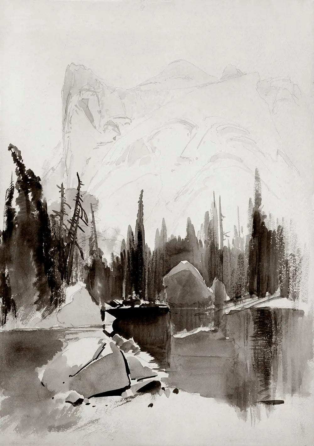 A landscape watercolor painting of a lake with coniferous trees.