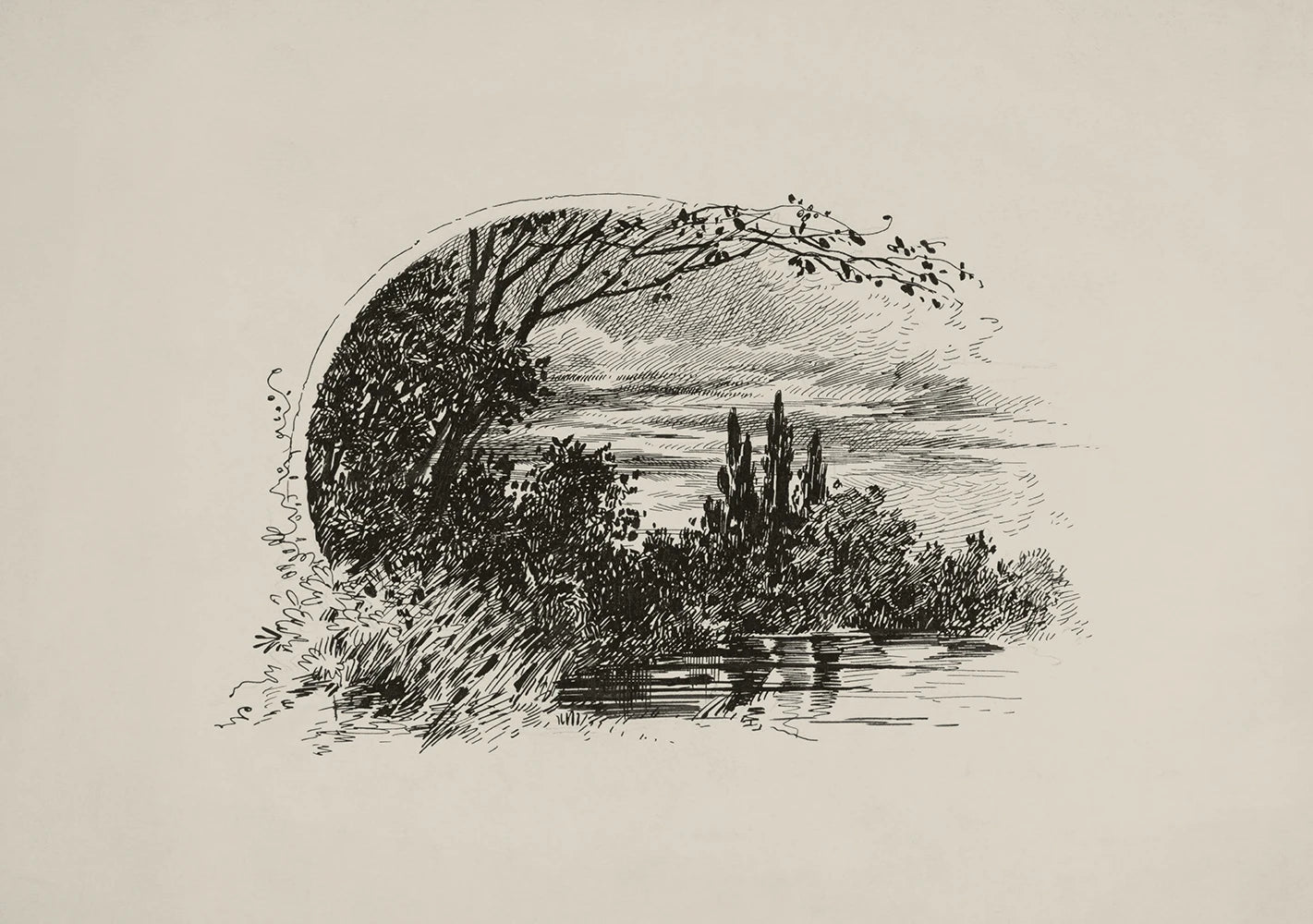 A vintage printable wall art featuring a riverside landscape drawing.