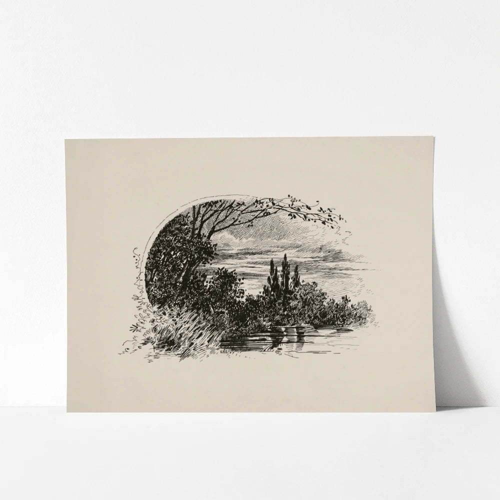 A vintage printable wall art featuring a riverside landscape drawing.