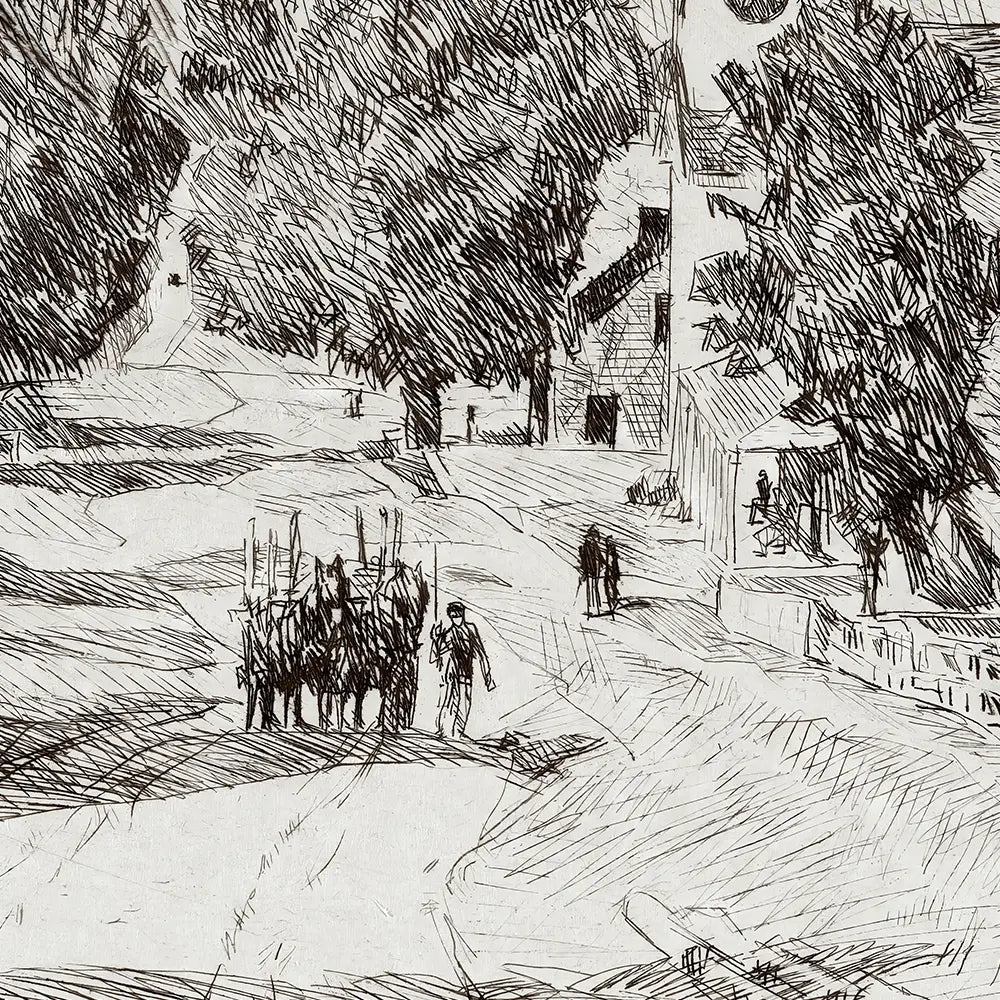 A closeup view of a landscape etching of a countryside road.