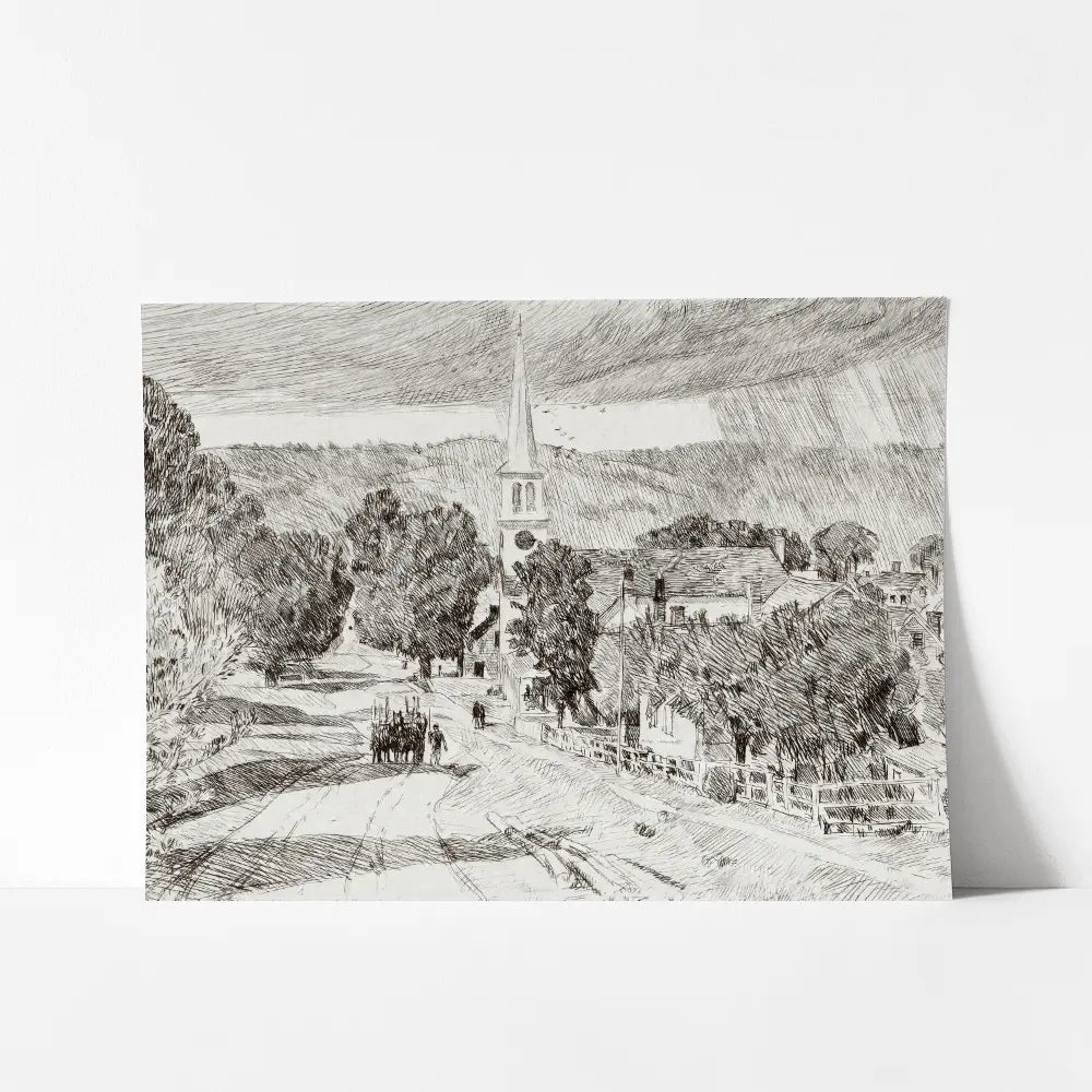 A mockup view of a landscape etching of a countryside road.