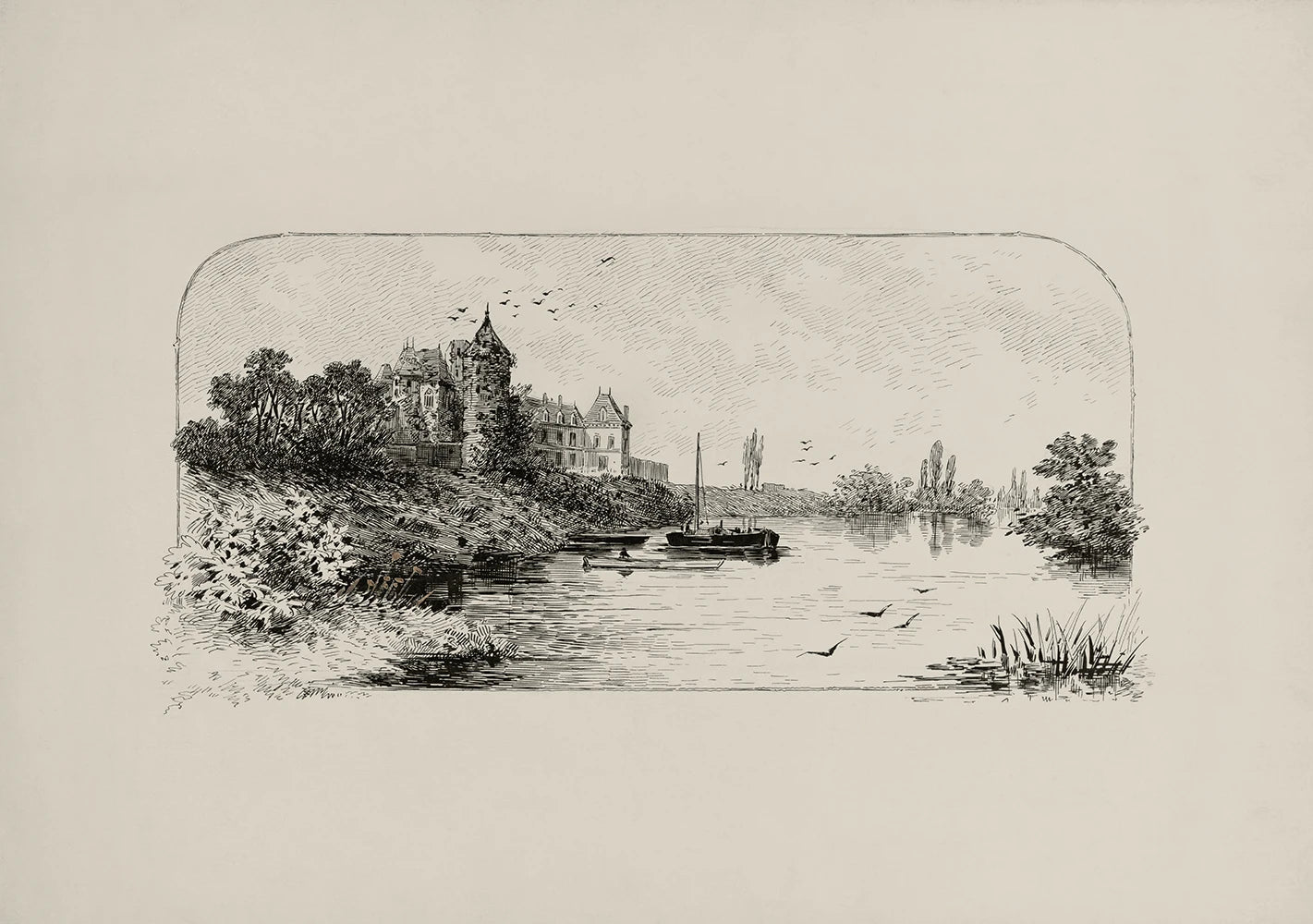 A vintage printable wall art featuring a riverside landscape drawing with a castle in the distance.