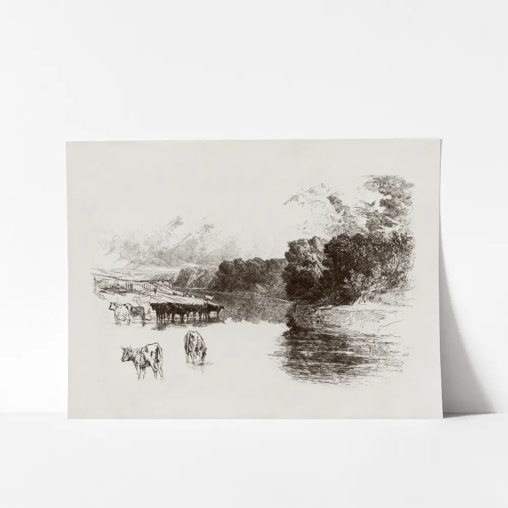 A mockup view of a landscape etching of a pastoral scene with cattle grazing near a river bank.