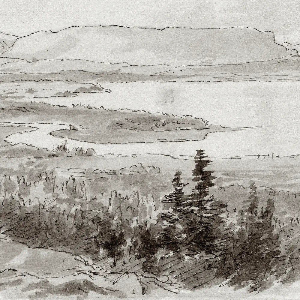 A closeup view of a landscape study of a serene lake.