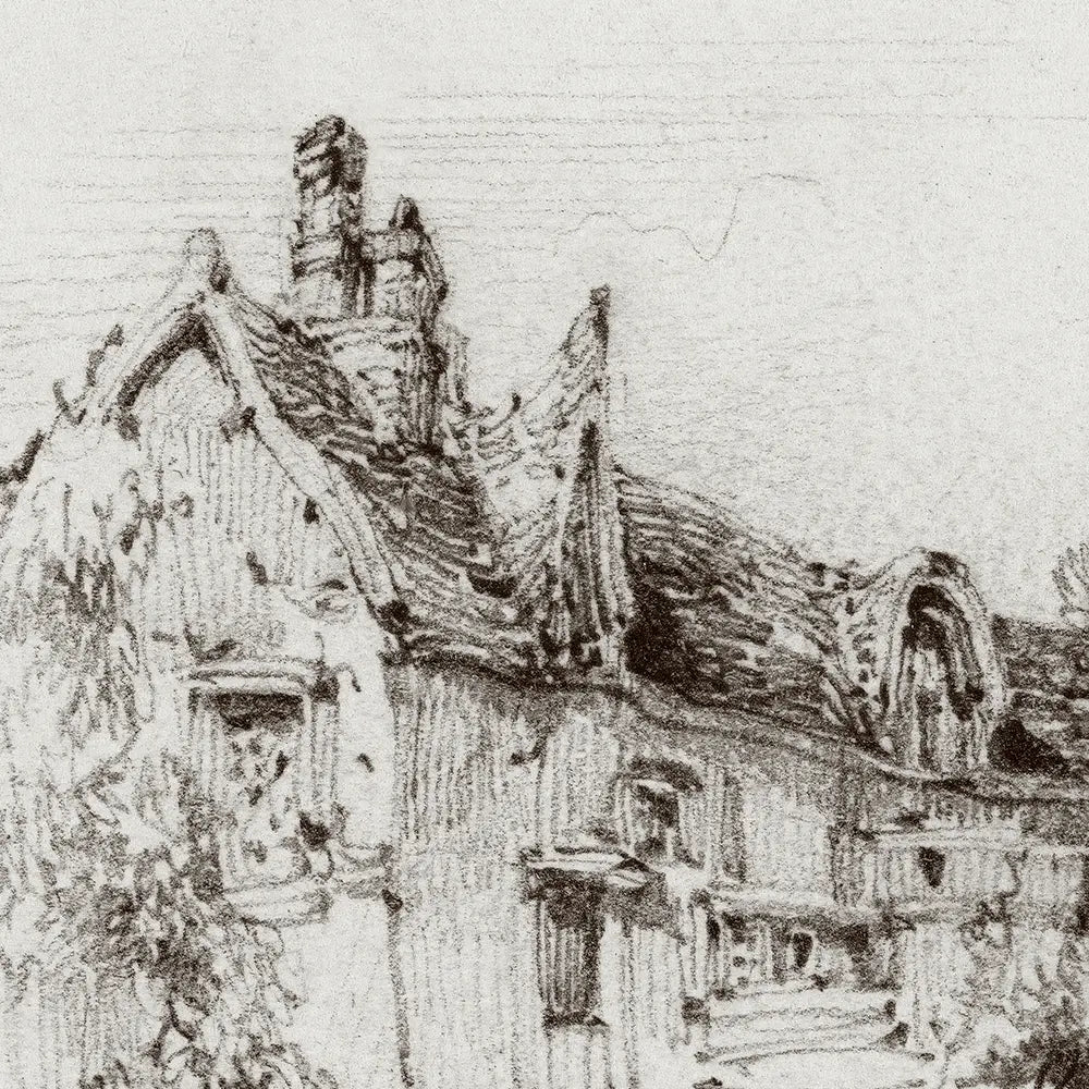 A closeup view of a landscape drawing of an old farmhouse.