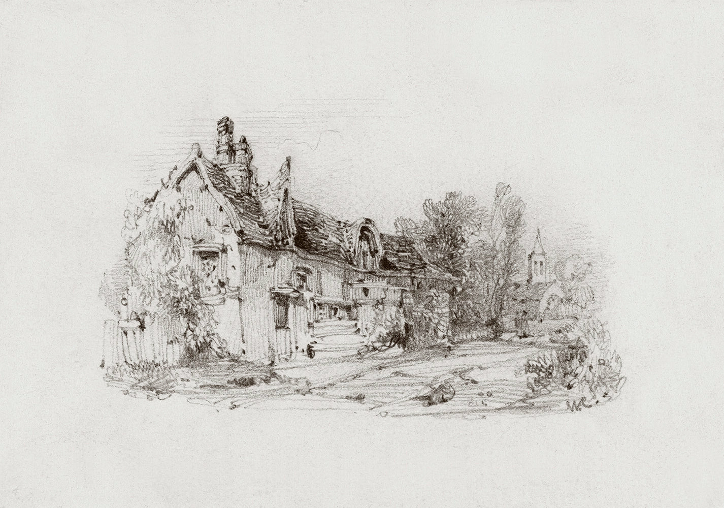 A landscape drawing of an old farmhouse.