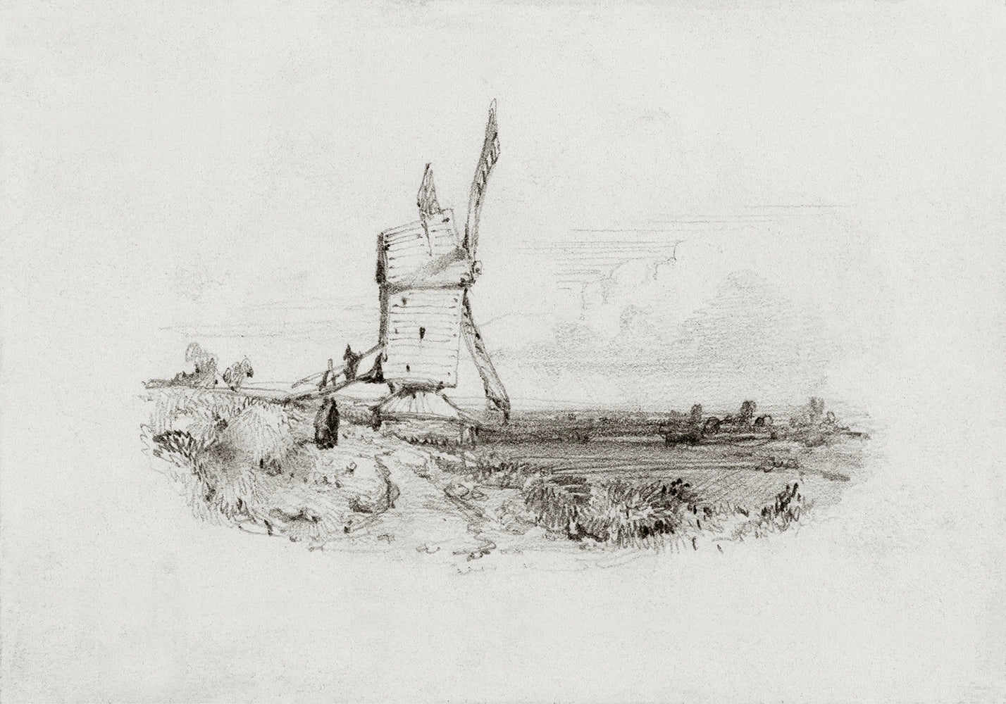 A  landscape graphite drawing of a windmill.