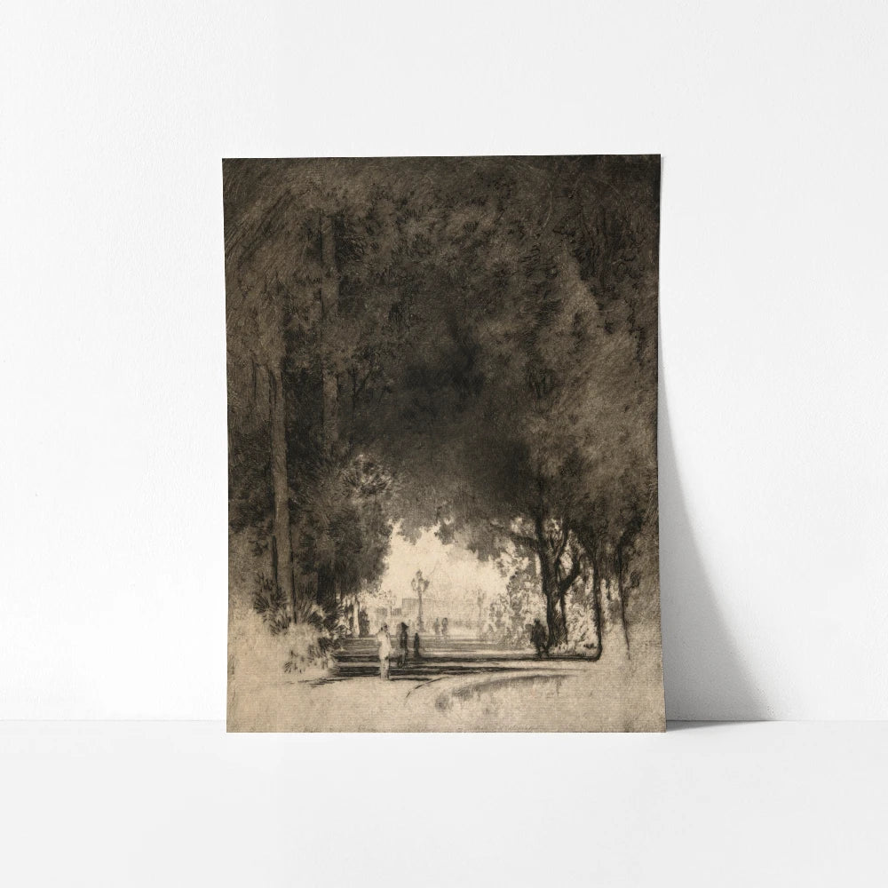 A vintage printable wall art featuring a garden landscape etching.