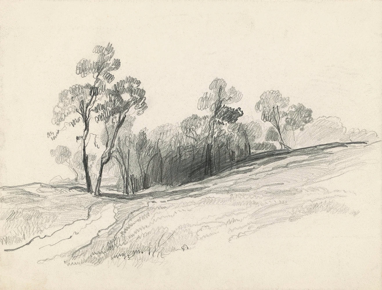 A vintage printable wall art featuring a sloping hillside landscape sketch.