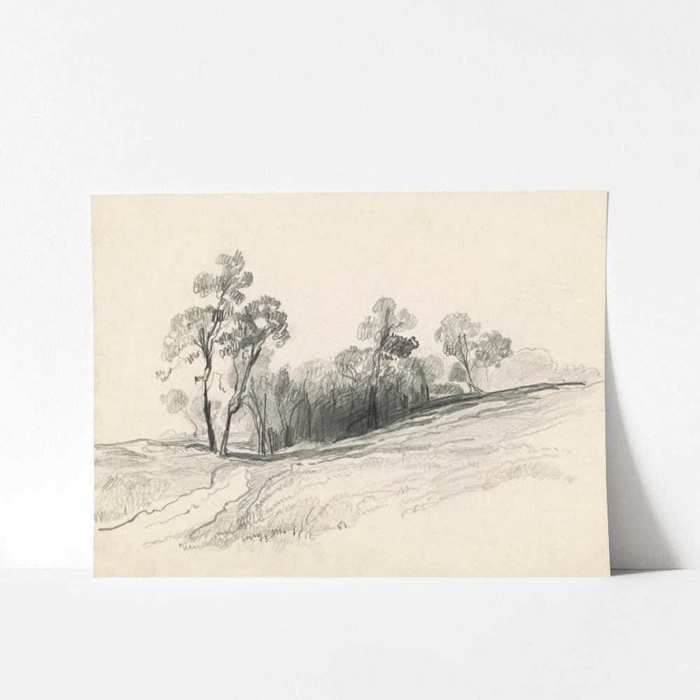 A vintage printable wall art featuring a sloping hillside landscape sketch.