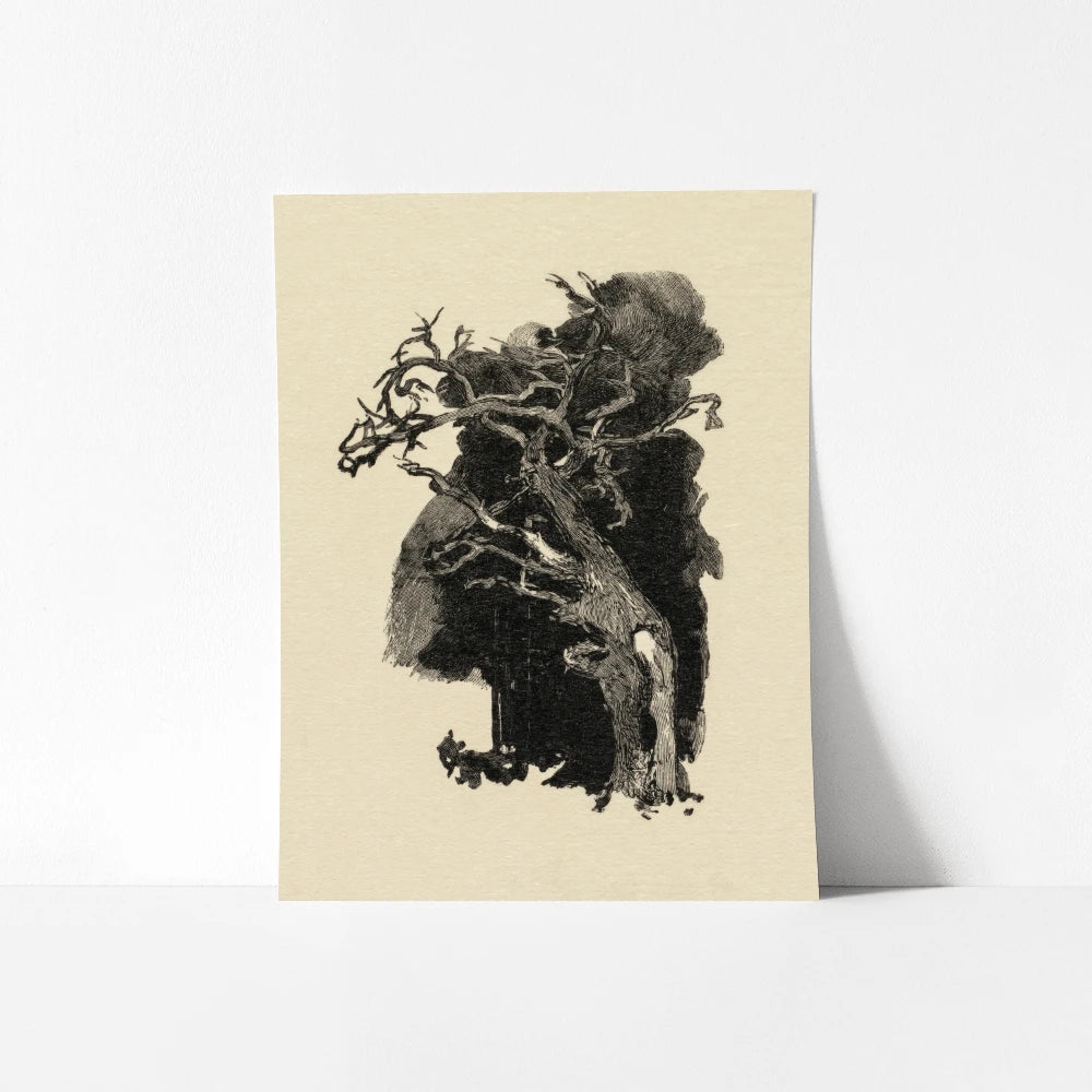 A vintage printable wall art featuring a twisted, weathered tree with wild, sprawling branches. 