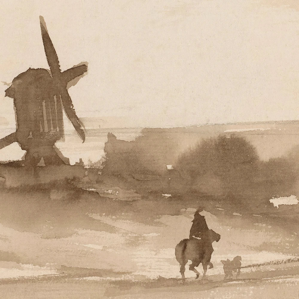 A vintage printable wall art featuring a quiet scene of a windmill near a river.