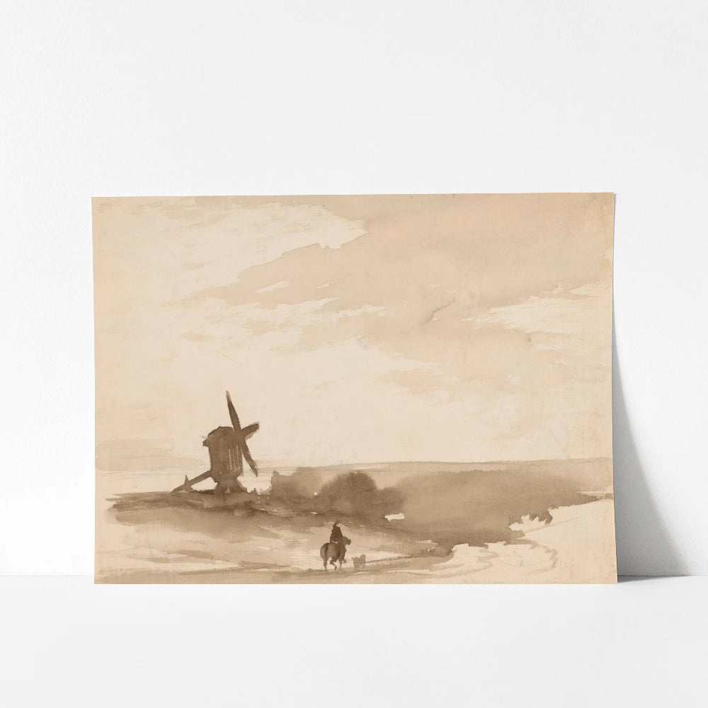 A vintage printable wall art featuring a quiet scene of a windmill near a river.