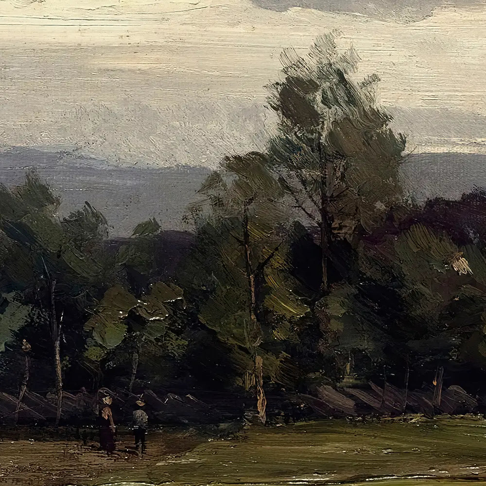 A closeup view of a landscape oil painting of a countryside field.