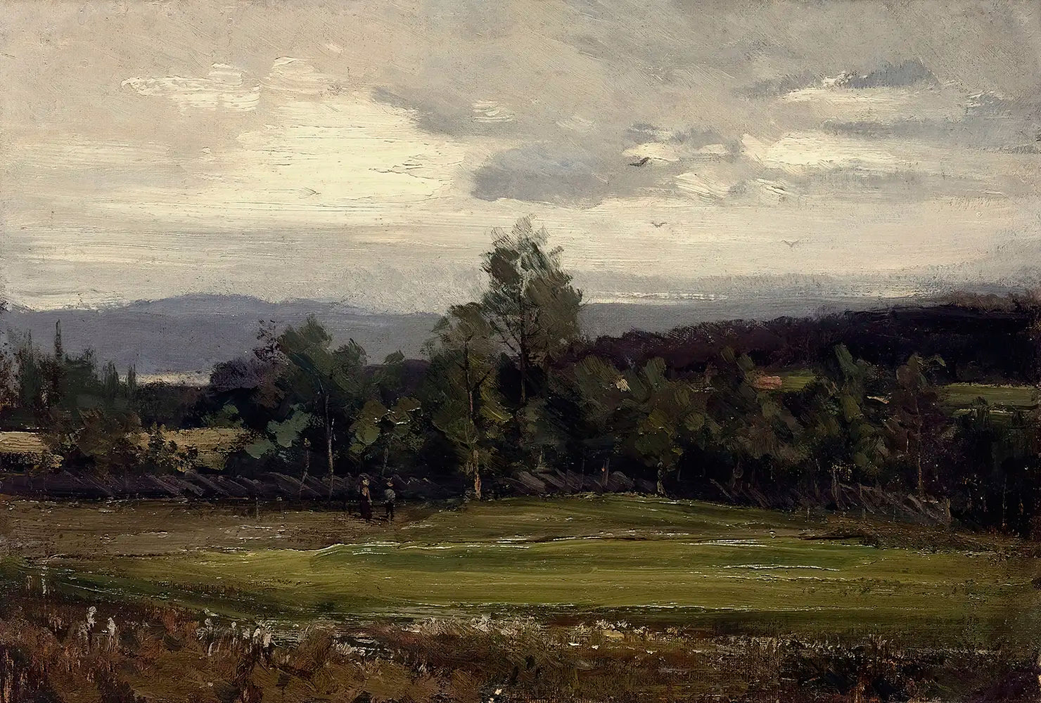 A landscape oil painting of a countryside field.