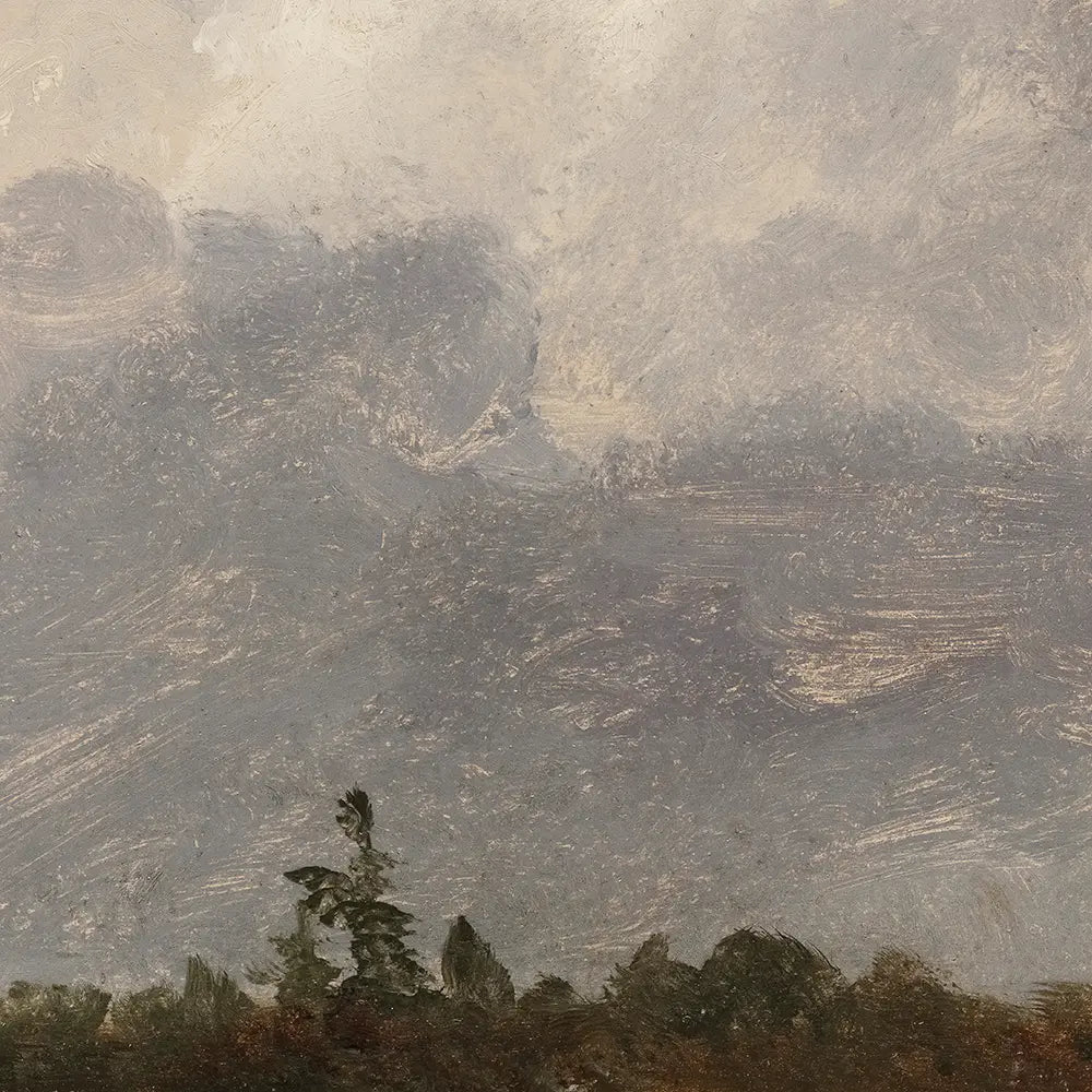 A closeup view of a landscape oil painting of a sky filled with clouds.