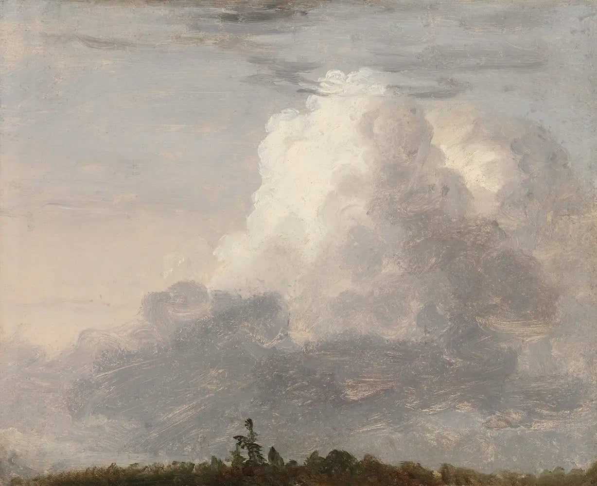 A landscape oil painting of a sky filled with clouds.