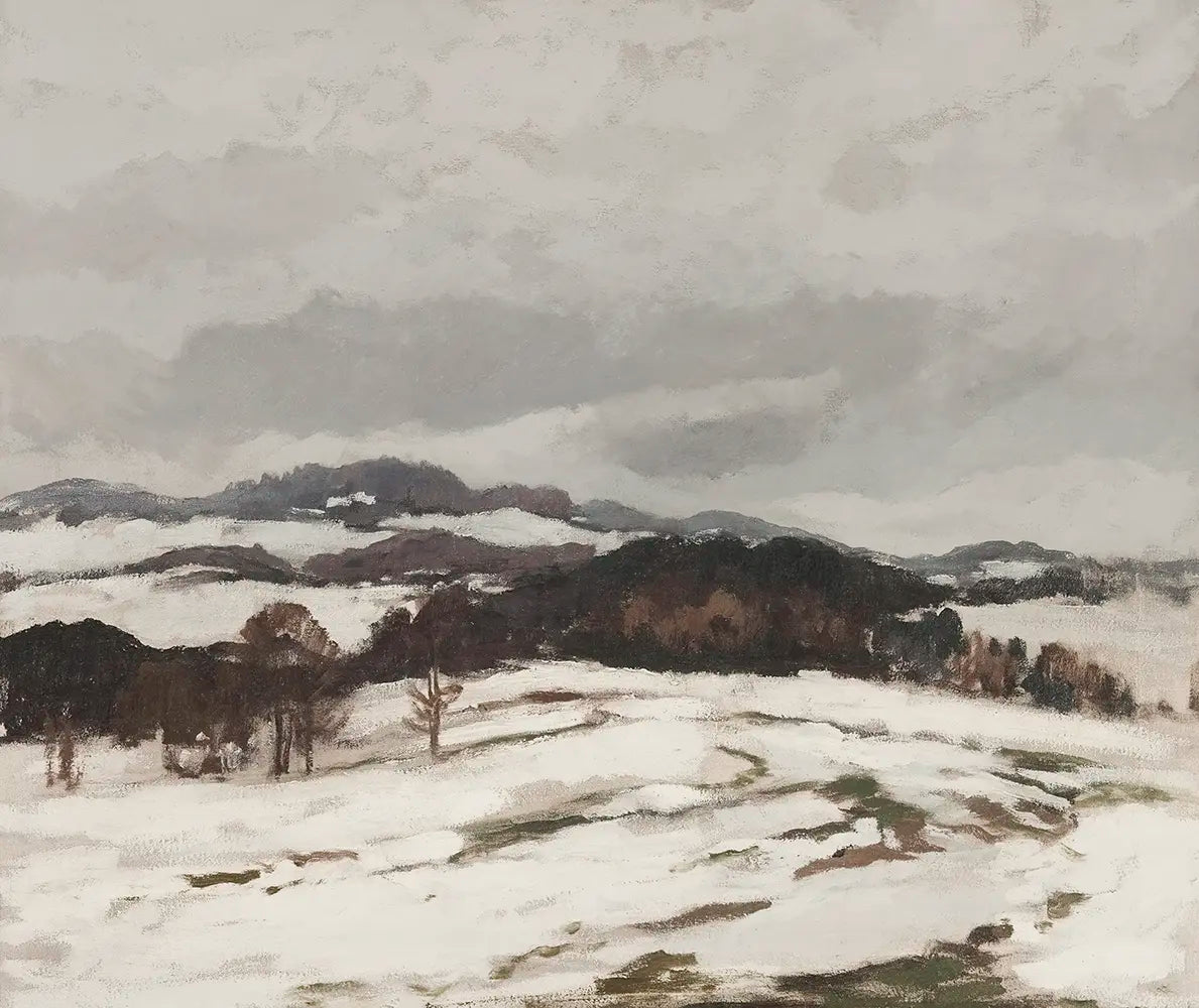 A landscape oil painting of snow-blanketed fields.