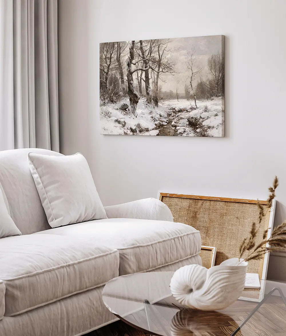 A vintage printable wall art featuring a  serene winter forest landscape painting. 