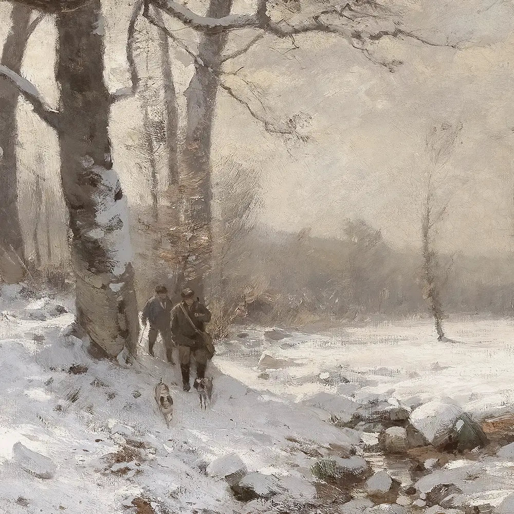 A closeup view of a landscape oil painting of a snowy forest.