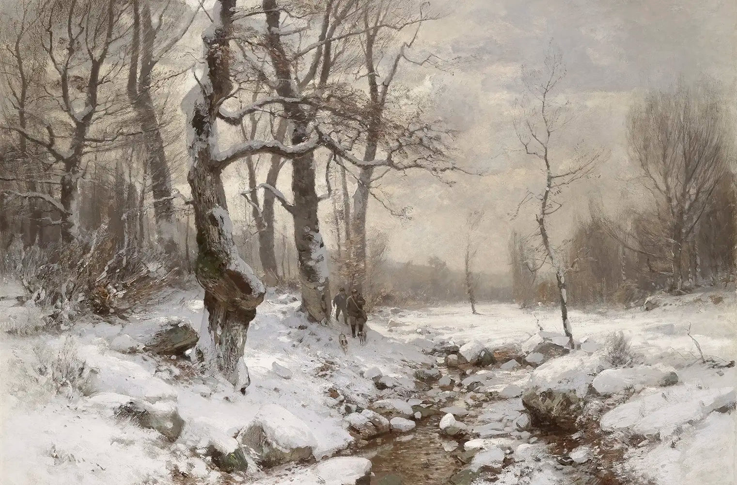 A landscape oil painting of a snowy forest.