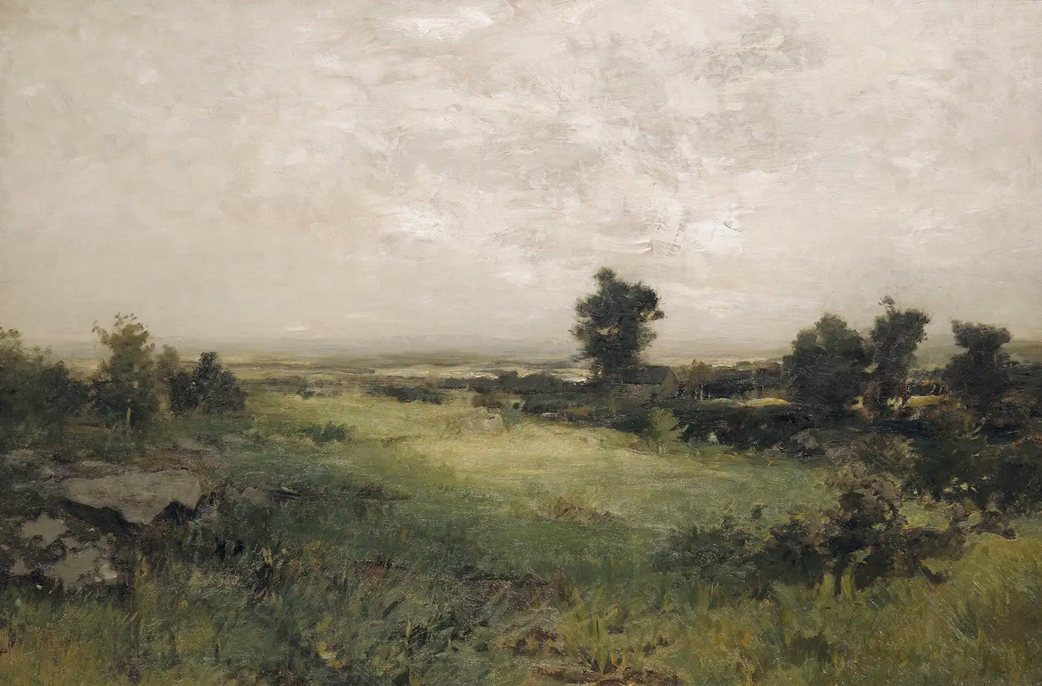 A landscape oil painting of a grassy field. 