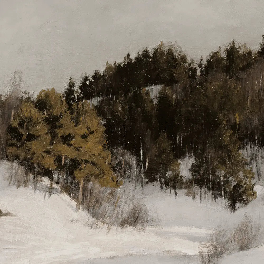 A closeup view of a landscape oil painting of a snowy countryside.