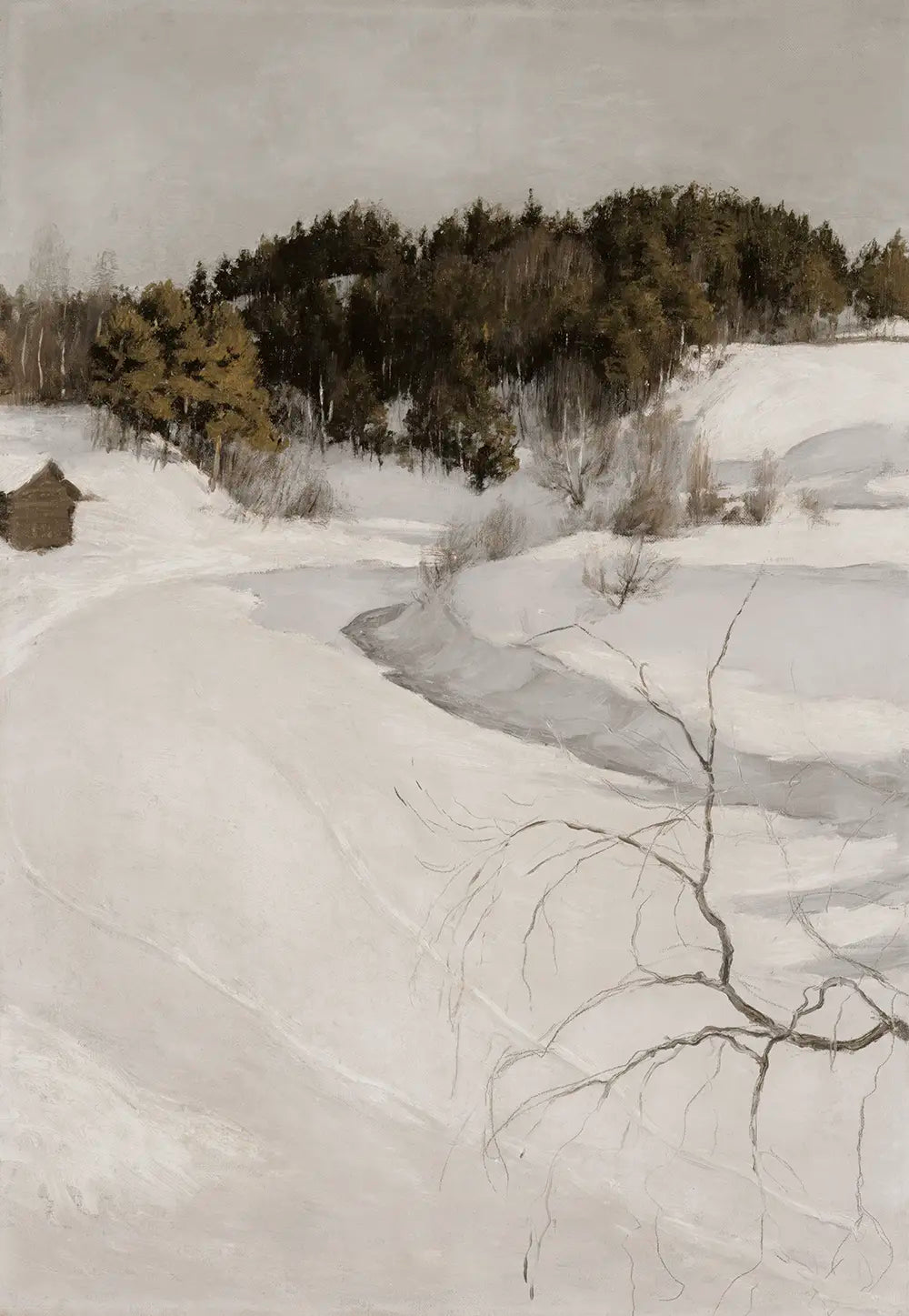 A landscape oil painting of a snowy countryside.